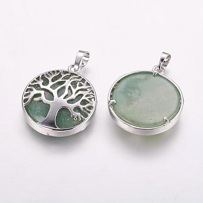 Gemstone Pendants, with Brass Findings, Platinum, Flat Round with Tree