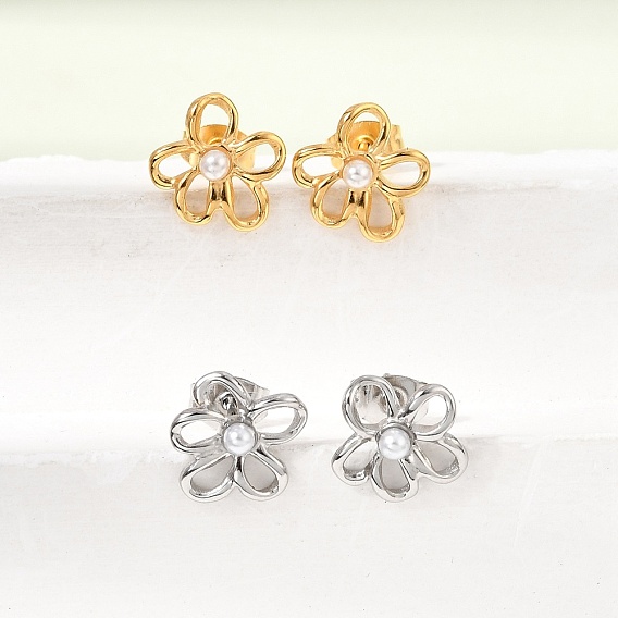 304 Stainless Steel Stud Earrings for Women, with Plastic Pearl, Flower