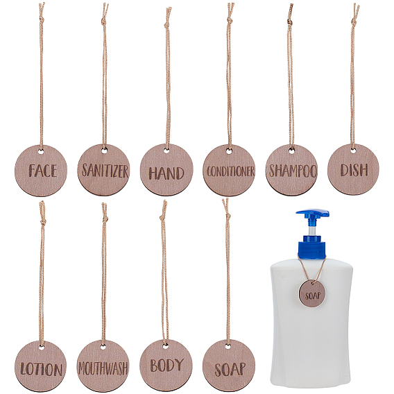 10шт. деревянная этикетка для ванной комнаты, плоско-круглые, с полиэфирным кордом