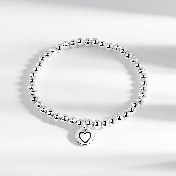 Латунь шарм браслеты, круглые бусины эластичные браслеты для женщин, плоские круглые с шаблоном сердца