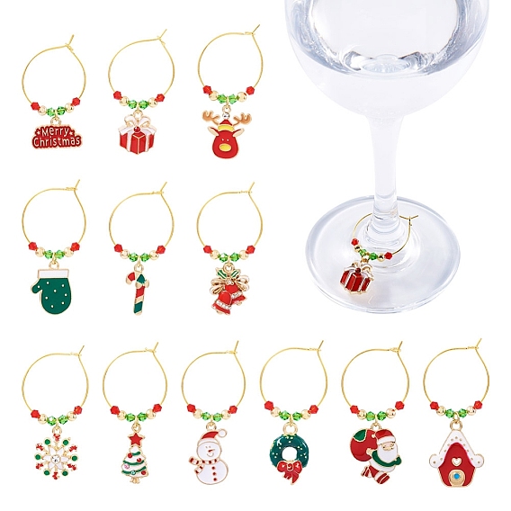 12Pcs Glass Wine Glass Charms, with Snowflake Alloy Enamel Charms  Brass Wine Glass Charms Ring