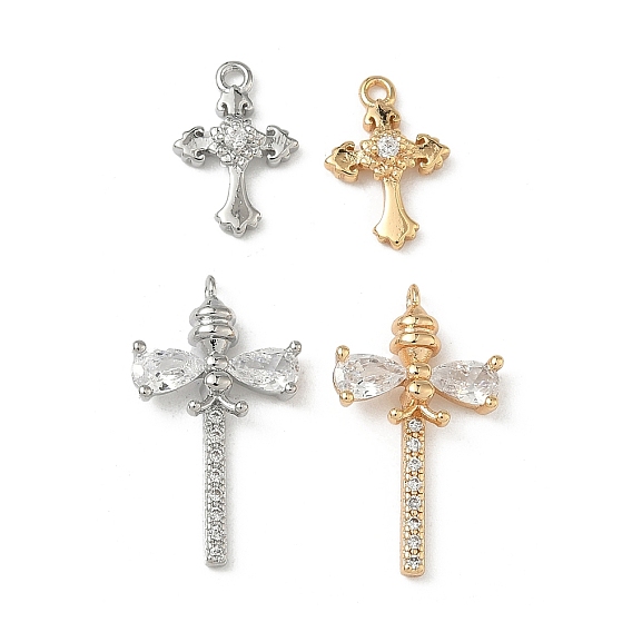 Латунные микропаве прозрачные подвески с фианитом, долговечный, крест очарование