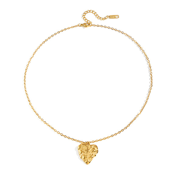 304 Stainless Steel Textured Love Heart Pendant Necklaces for Women
