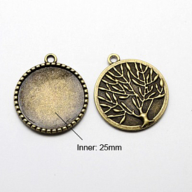 Flat Round with Tree of Life Tibetan Style Pendant Cabochon Settings, Lead Free & Nickel Free & Cadmium Free, Tray: 25mm, 32x28x2mm, Hole: 2mm, about 185pcs/1000g
