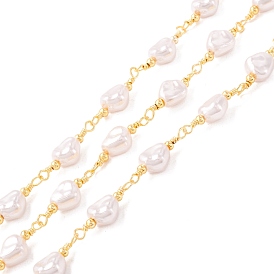 ABS Plastic Pearl Nugget Beaded Chains, with Brass Findings, Unwelded, with Spool, Lead Free & Cadmium Free, Golden