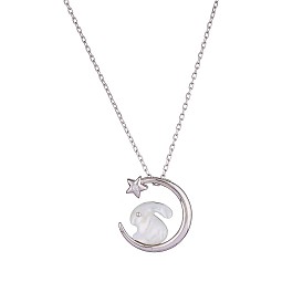 Natural Shell Bunny with Crescent Moon Pendant Necklace with Clear Cubic Zirconia, 925 Sterling Silver 2023 New Rabbit Year Jewelry for Women