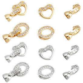 SUPERFINDINGS 8Sets 4 Style Brass Micro Pave Clear Cubic Zirconia Fold Over Clasps, Oval & Heart
