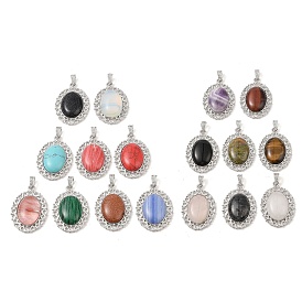 Gemstone Pendants, with Platinum Tone Alloy Findings, Oval Charms