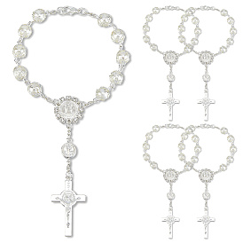 5Pcs Alloy & Glass & Imitation Pearl Charm Bracelets, Rosary Bracelers, Cross