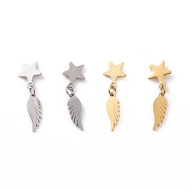 304 Stainless Steel Wing with Star Dangle Stud Earrings for Women