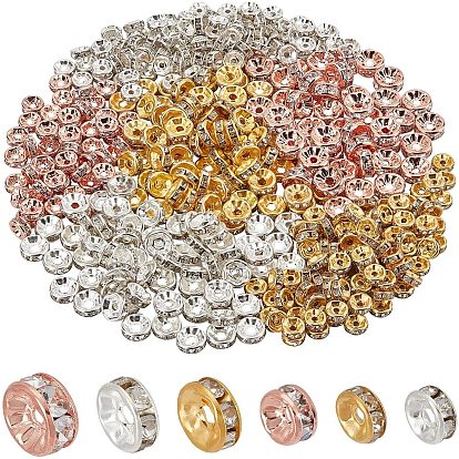 500Pcs 4 Style Rhinestone Spacer Beads, Rondelle, with Iron & Brass