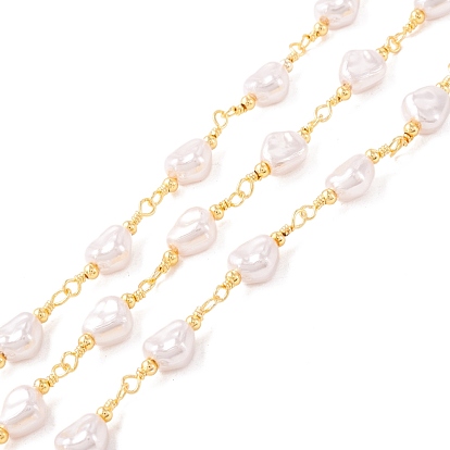 ABS Plastic Pearl Nugget Beaded Chains, with Brass Findings, Unwelded, with Spool, Lead Free & Cadmium Free, Golden