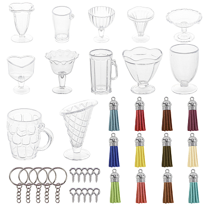 DIY Keychain Making, with Transparent Plastic Mini Cups, Iron Key Clasp Findings and Faux Suede Tassel Pendant Decorations