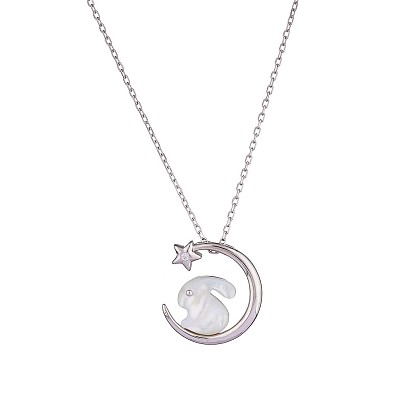 Natural Shell Bunny with Crescent Moon Pendant Necklace with Clear Cubic Zirconia, 925 Sterling Silver 2023 New Rabbit Year Jewelry for Women