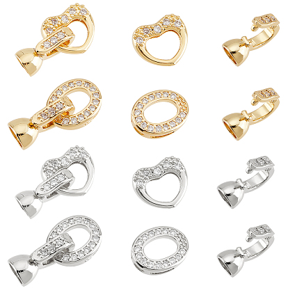 8Sets 4 Style Brass Micro Pave Clear Cubic Zirconia Fold Over Clasps, Oval & Heart