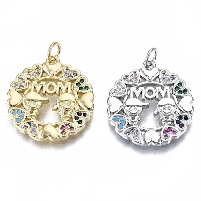 Brass Micro Pave Colorful Cubic Zirconia Pendants, with Jump Ring, for Mother's Day, Cadmium Free & Nickel Free & Lead Free, Flat Round with Word Mom & Girl & Boy