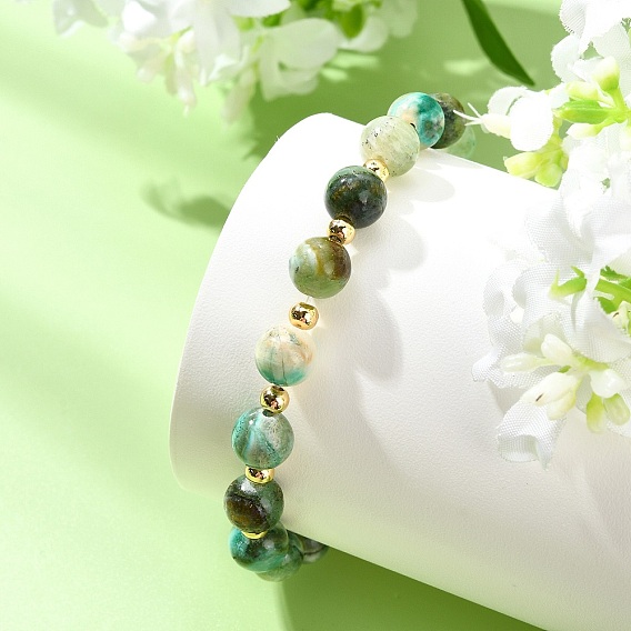 Natural Green Line Jasper & Brass Beads Stretch Bracelets for Women Men, Round