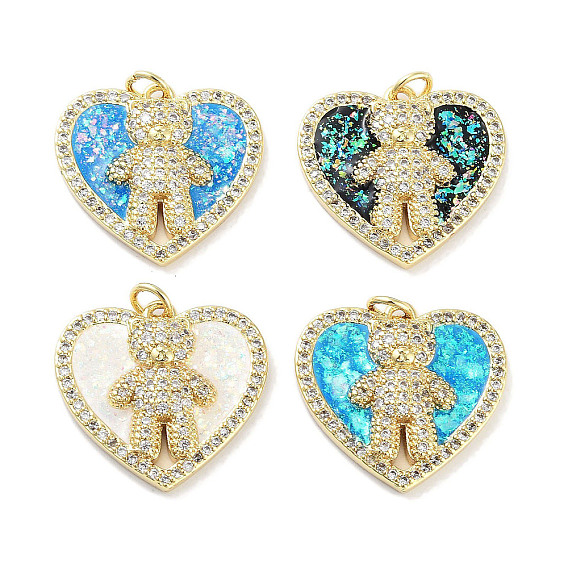 Латунные микропаве прозрачные подвески с фианитом, без кадмия и без свинца, с синтетическим опалом и кольцами-прыгунами, реальный 18 k позолоченный, сердце с медвежьими амулетами