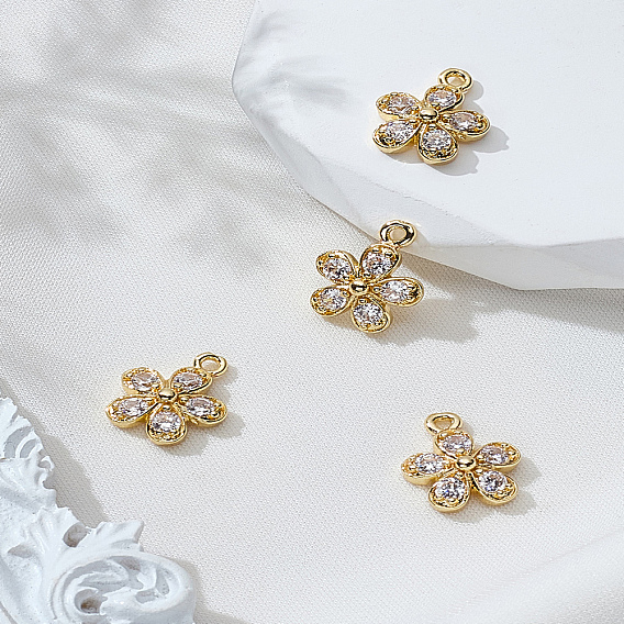 4Pcs Rack Plating Brass Micro Pave Cubic Zirconia Charms, Long-Lasting Plated, Flower