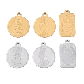 Buddhist 304 Stainless Steel Pendants, Flat Round/Rectangle Charms, Hand Polished