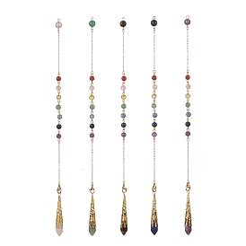 Mixed Gemstone Pointed Dowsing Pendulums, with Brass Findings & Chakra 201 Stainless Steel Pendants, Faceted Bullet