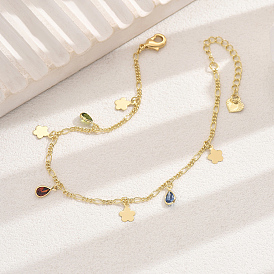 Fashionable Brass with Colorful Cubic Zirconia Charm Anklets for Beach Vacation, Flower & Teardrop