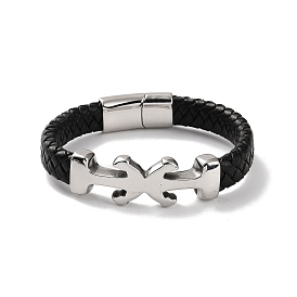 Men's Braided Black PU Leather Cord Bracelets, Anchor 304 Stainless Steel Link Bracelets with Magnetic Clasps