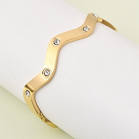 304 Браслеты из нержавеющей стали со стразами на шарнире, широкие браслеты для женщин, волны края, ионное покрытие (ip)