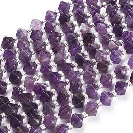 Natural Amethyst Beads Strands, Faceted, with Seed Beads, Bicone