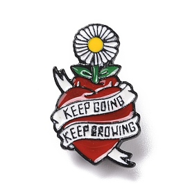 Word Keep Going Keep Growing Enamel Pin, Heart with Sunflower Alloy Badge for Backpack Clothing, Electrophoresis Black