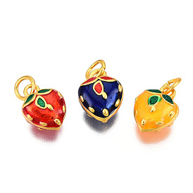 Alloy Enamel Charms, Cadmium Free & Lead Free, with Jump Rings, Matte Gold Color, Strawberry