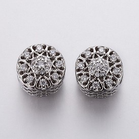 Brass Micro Pave Cubic Zirconia European Beads, Large Hole Beads, Hollow, Flat Round with Flower, Clear