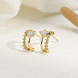 Cats Eye Stone Stud Earrings with 14K Gold Plating and CZ Accent for Women