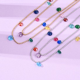 304 Женские ожерелья с шариковой цепочкой из нержавеющей стали, разноцветными кубическими цирконами, плоскими круглыми кисточками, двухслойные