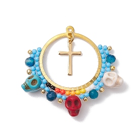 Glass Seed Beads & Faceted Round Natural Dyed Agate & Synthetic Turquoise Skull Pendants, Brass Ring with Cross Charms