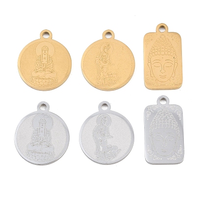 Buddhist 304 Stainless Steel Pendants, Flat Round/Rectangle Charms, Hand Polished