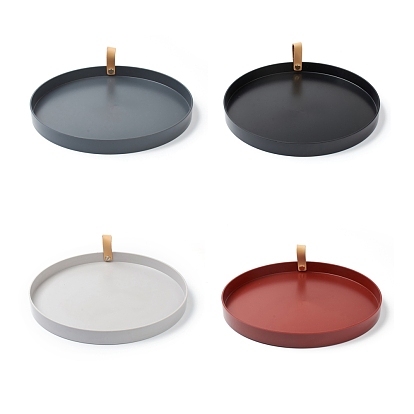 Round ABS Plastic Desktop Storage Tray, with PU Leather Handle, Jewelry Trays, Snack Tray Plate, for Living Room Kitchen Table Home Decoration