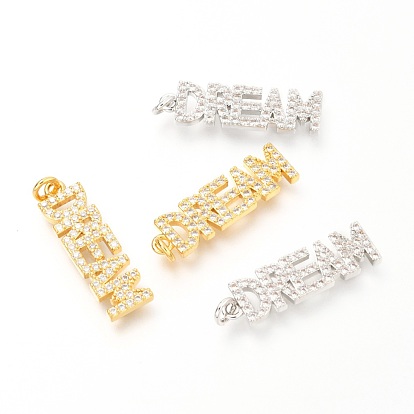 Латунные микропаве прозрачные подвески с фианитом, долговечный, с прыжковых колец, Слово мечта