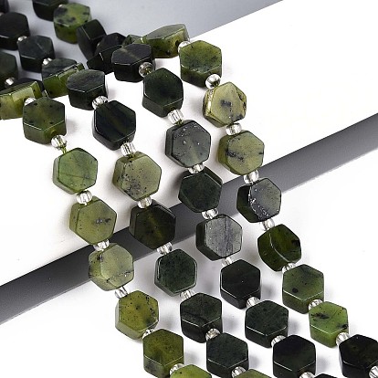 Бусы из натурального канадского нефрита, шестиугольник, с бисером
