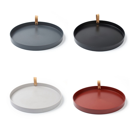 Round ABS Plastic Desktop Storage Tray, with PU Leather Handle, Jewelry Trays, Snack Tray Plate, for Living Room Kitchen Table Home Decoration