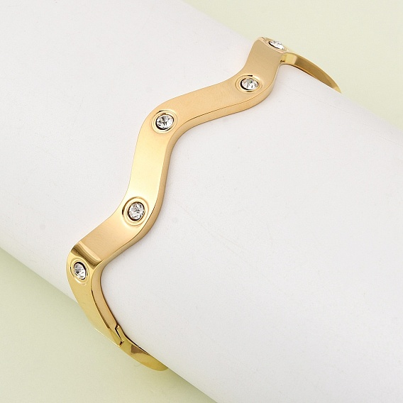 304 Браслеты из нержавеющей стали со стразами на шарнире, широкие браслеты для женщин, волны края, ионное покрытие (ip)