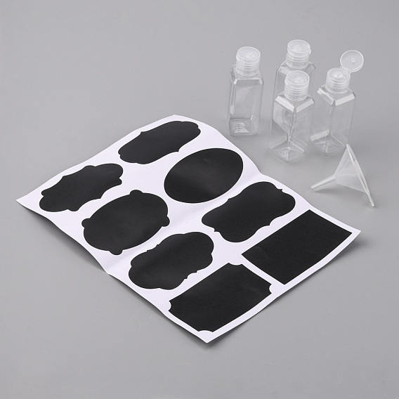 PET Flip Top Cap Squeeze Bottles, with Plastic Funnel Hopper and Chalkboard Sticker Labels
