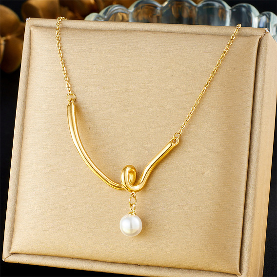 304 Collares con colgante redondo de perla de imitación en forma de espiral de acero inoxidable para mujer, blanco