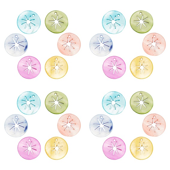 Natural Freshwater Shell Pendants, Flat Round with Hollow Star, Dyed