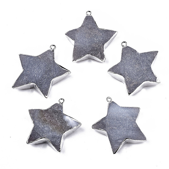 Natural Grey Agate Pendants, with Platinum Brass Edge and Iron Loop, Frosted, Star