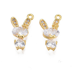 Brass Micro Pave Cubic Zirconia Charms, Real 18K Gold Plated, Rabbit