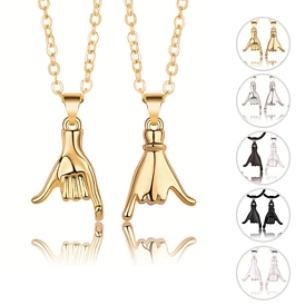 2Pcs 2 Style Couple Matching Necklaces Set, Hand Gesture Shape Alloy Pendants Necklaces for Valentine's Day