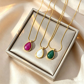 304 Colliers pendentifs en résine et acier inoxydable en forme de larme pour femmes, or