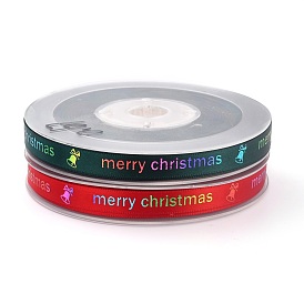 Polyester Ribbon, Single Face Printed Ribbon, Word Merry Christmas Pattern, for Christmas Gift Wrapping, Party Decorate