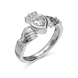 Heart with Crown Rhodium Plated 925 Sterling Silver Micro Pave Cubic Zirconia Finger Rings for Women